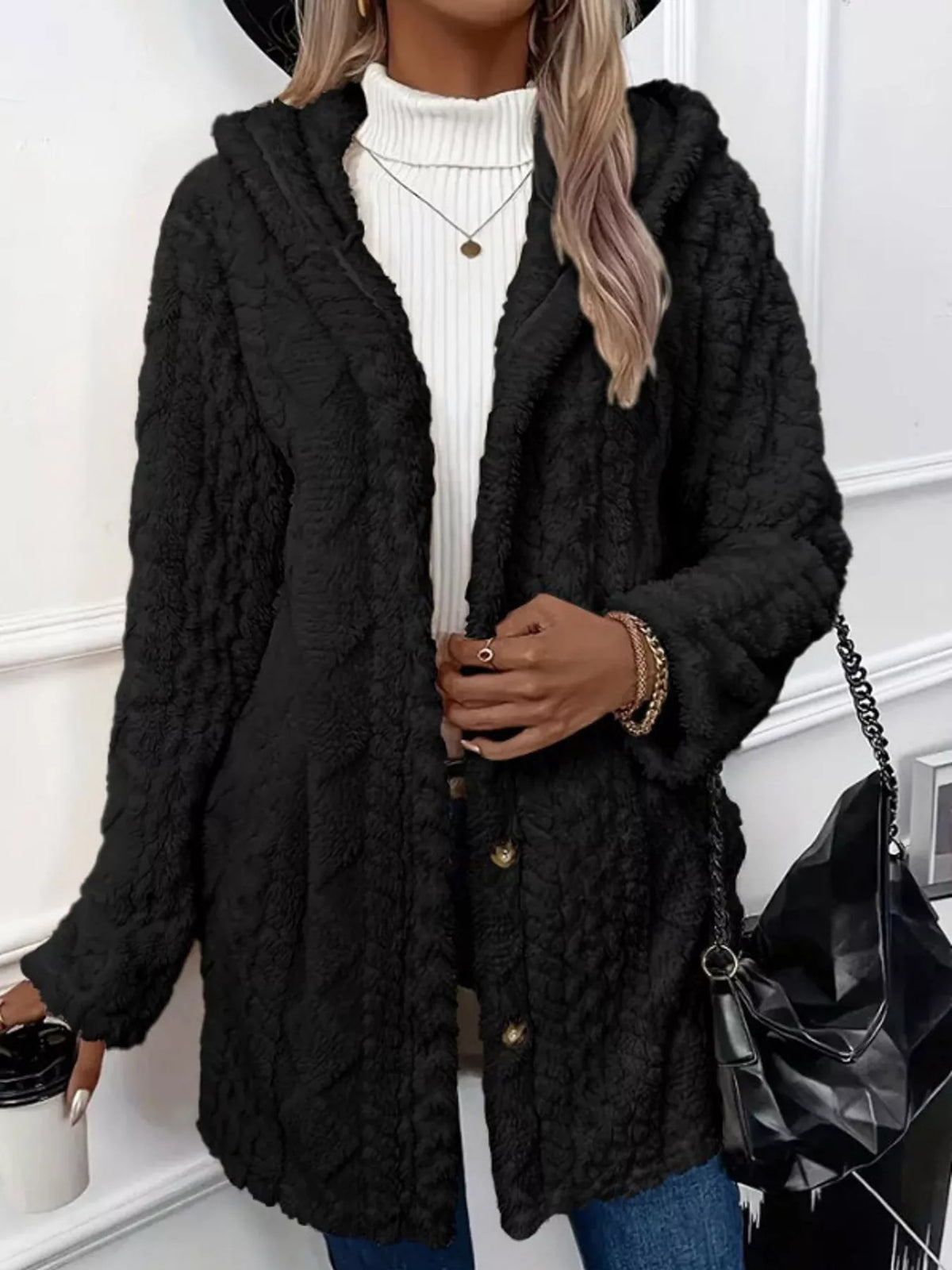 Black cable knit faux fur hooded jacket
