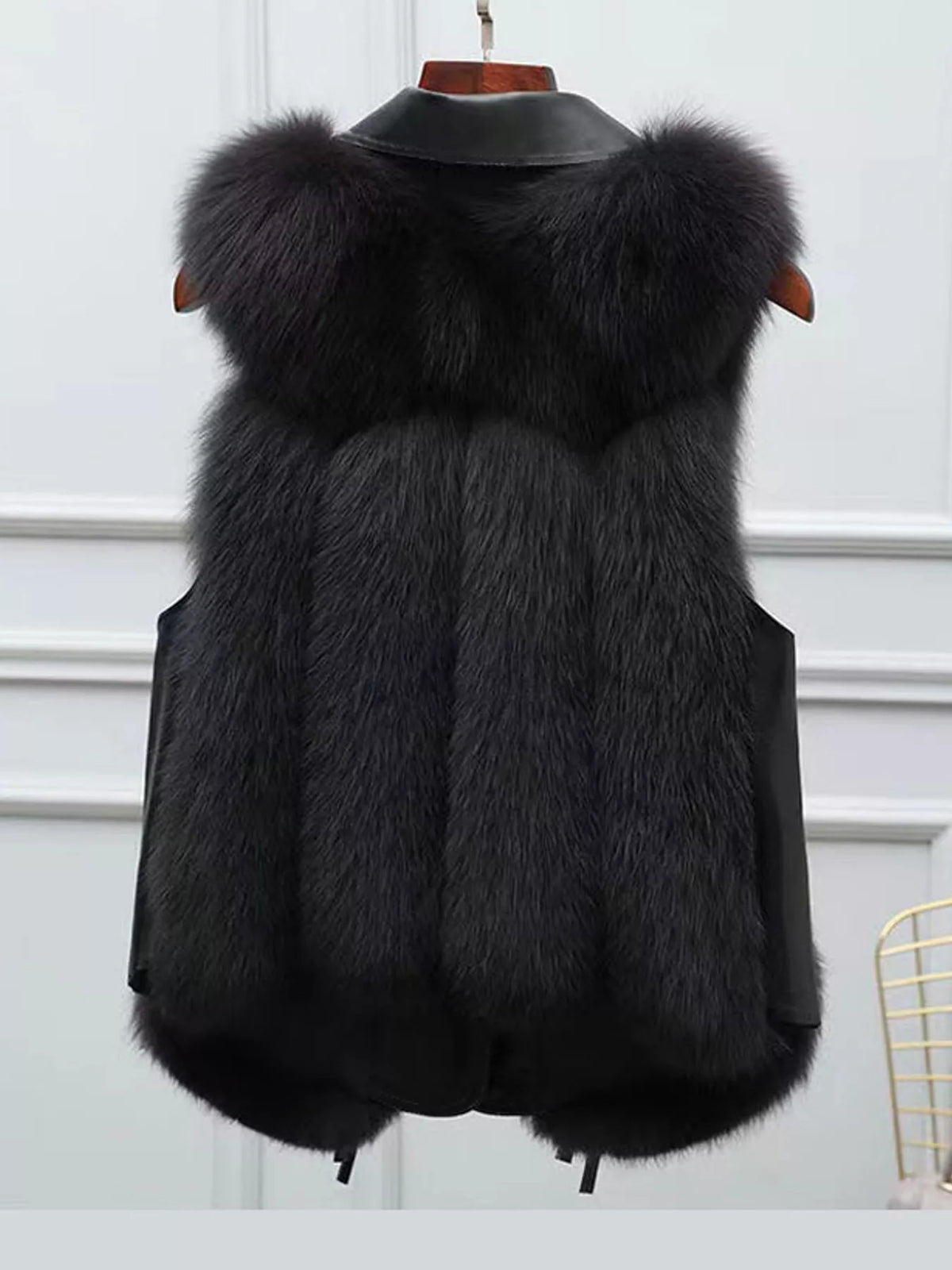 Faux Fur Snap Down Vest Coat, back view in black