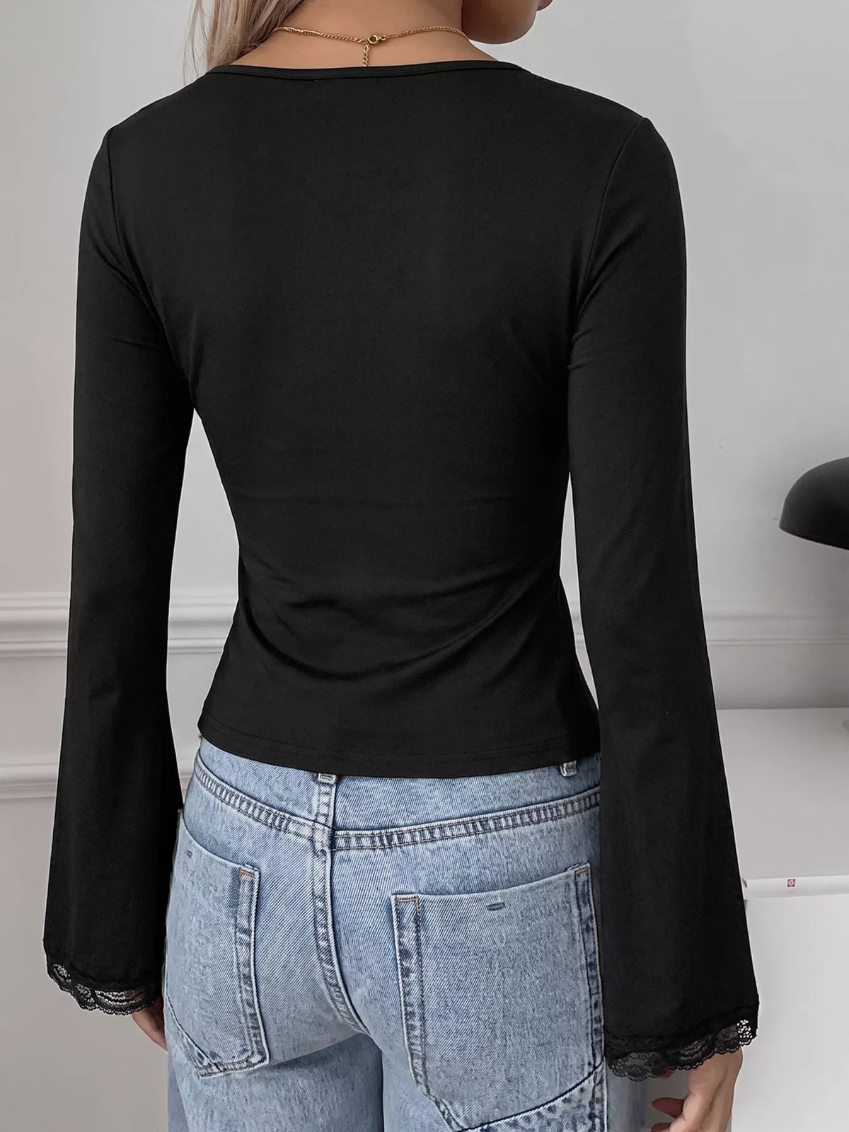 Lace Trim V-Neck Long Sleeve Slim Fit Top, back view