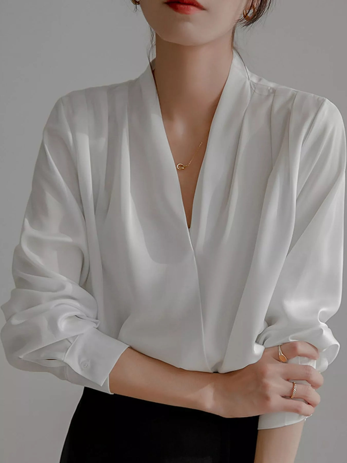 Women's V-Neck Pleated Shoulder Satin Blouse in white — front view