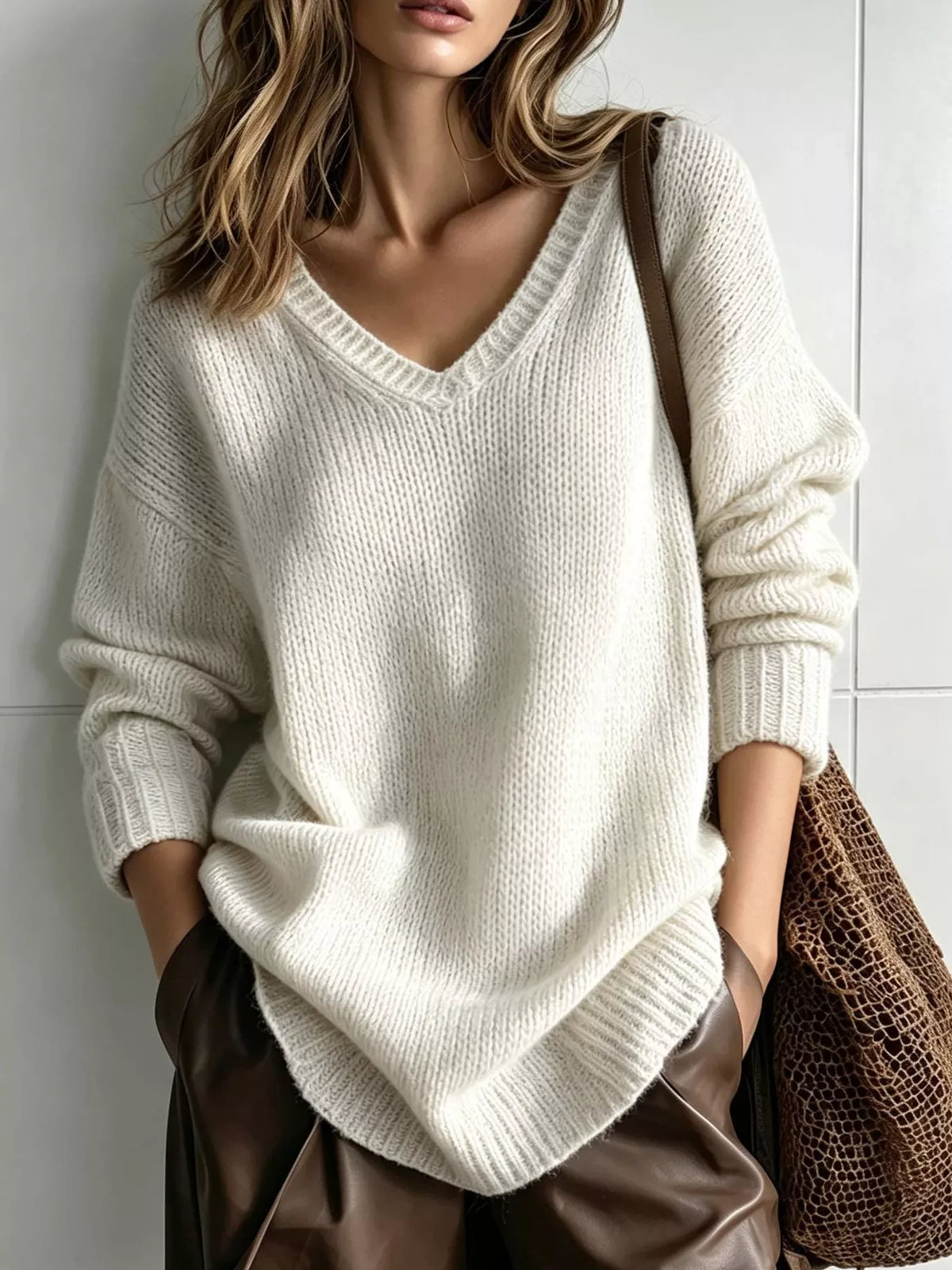 Trendsi V-Neck Dropped Shoulder Sweater -