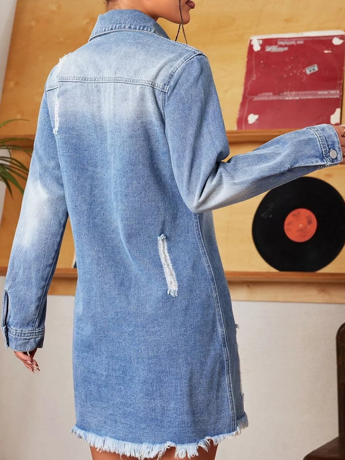 Light Blue distressed frayed hem longline denim jacket, back view