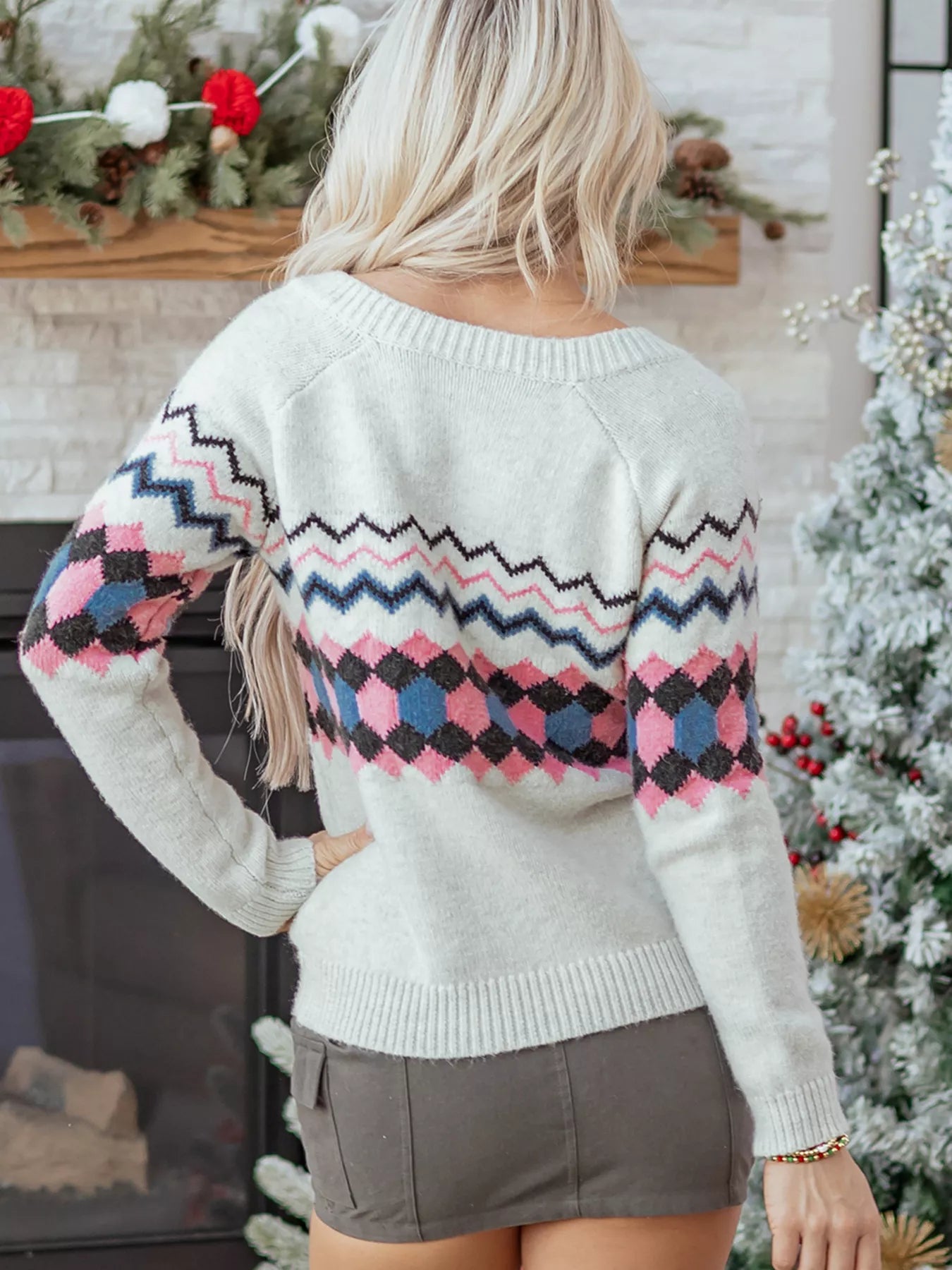 Trendsi Stripe Geometric Button Up Sweater Cardigan -