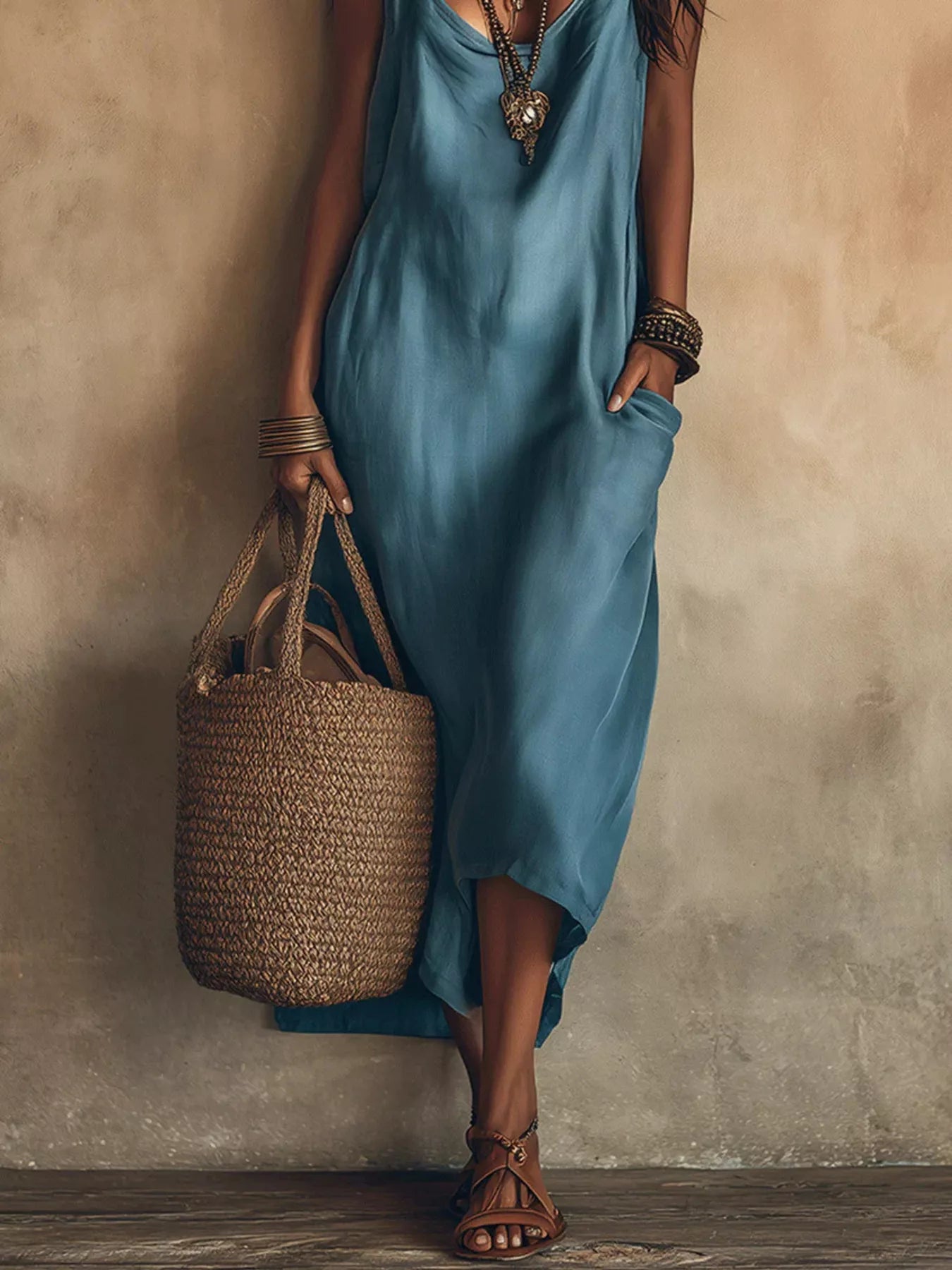 Trendsi Full Size Spaghetti Strap Midi Dress with Pockets Plus Size -