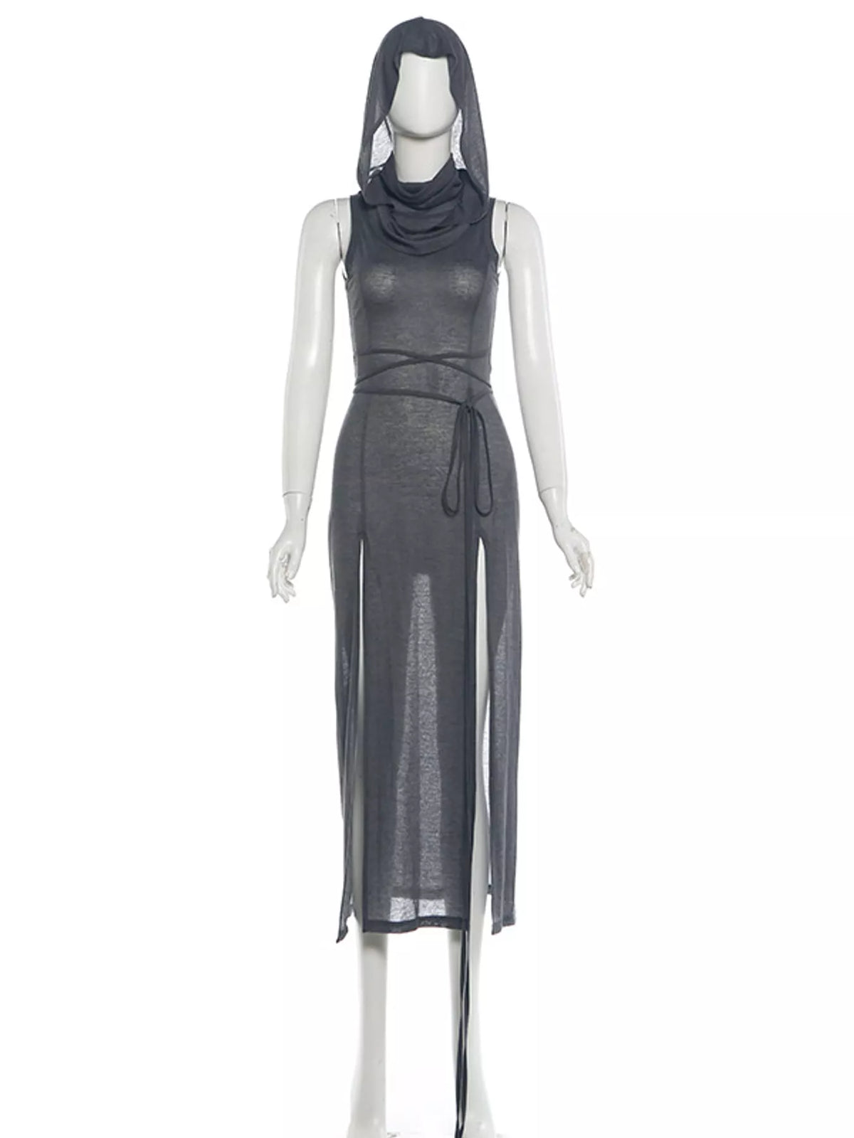 Gray sleeveless high slit hooded maxi dress, front view