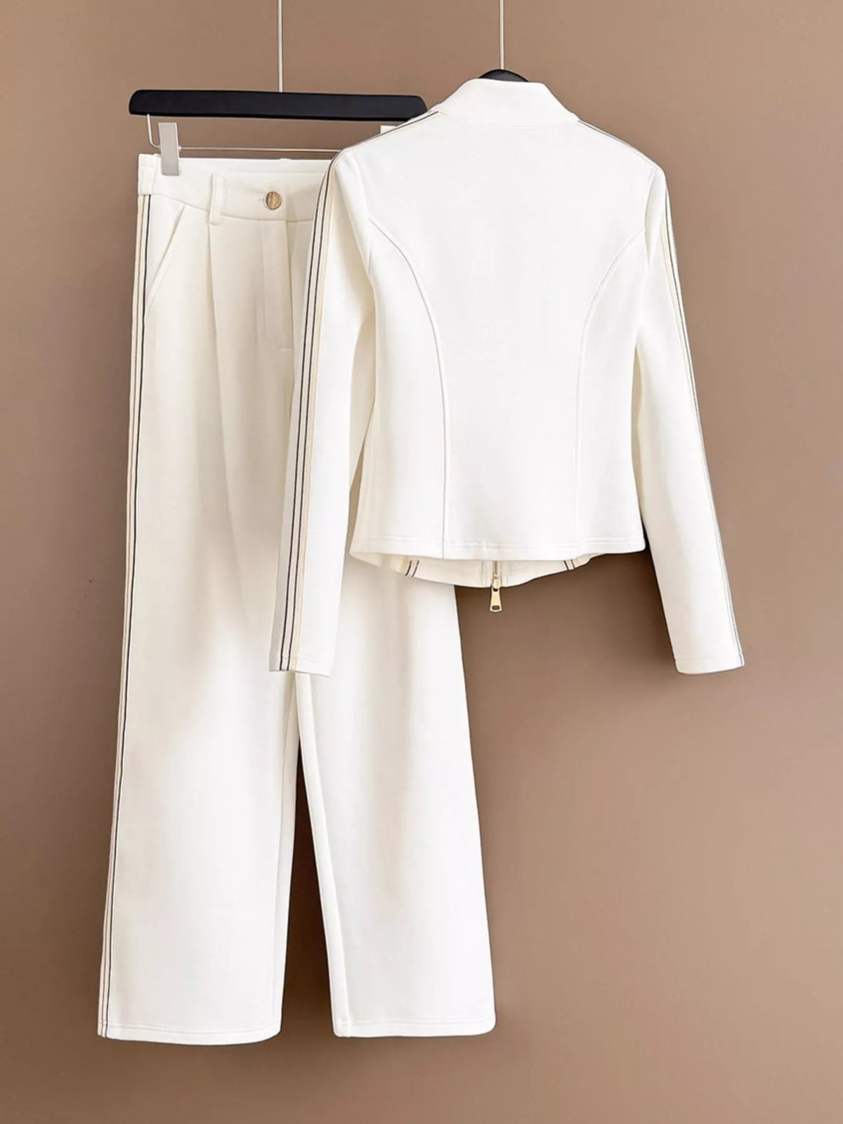 Zip-Up Jacket and Wide-Leg Pants Set in white