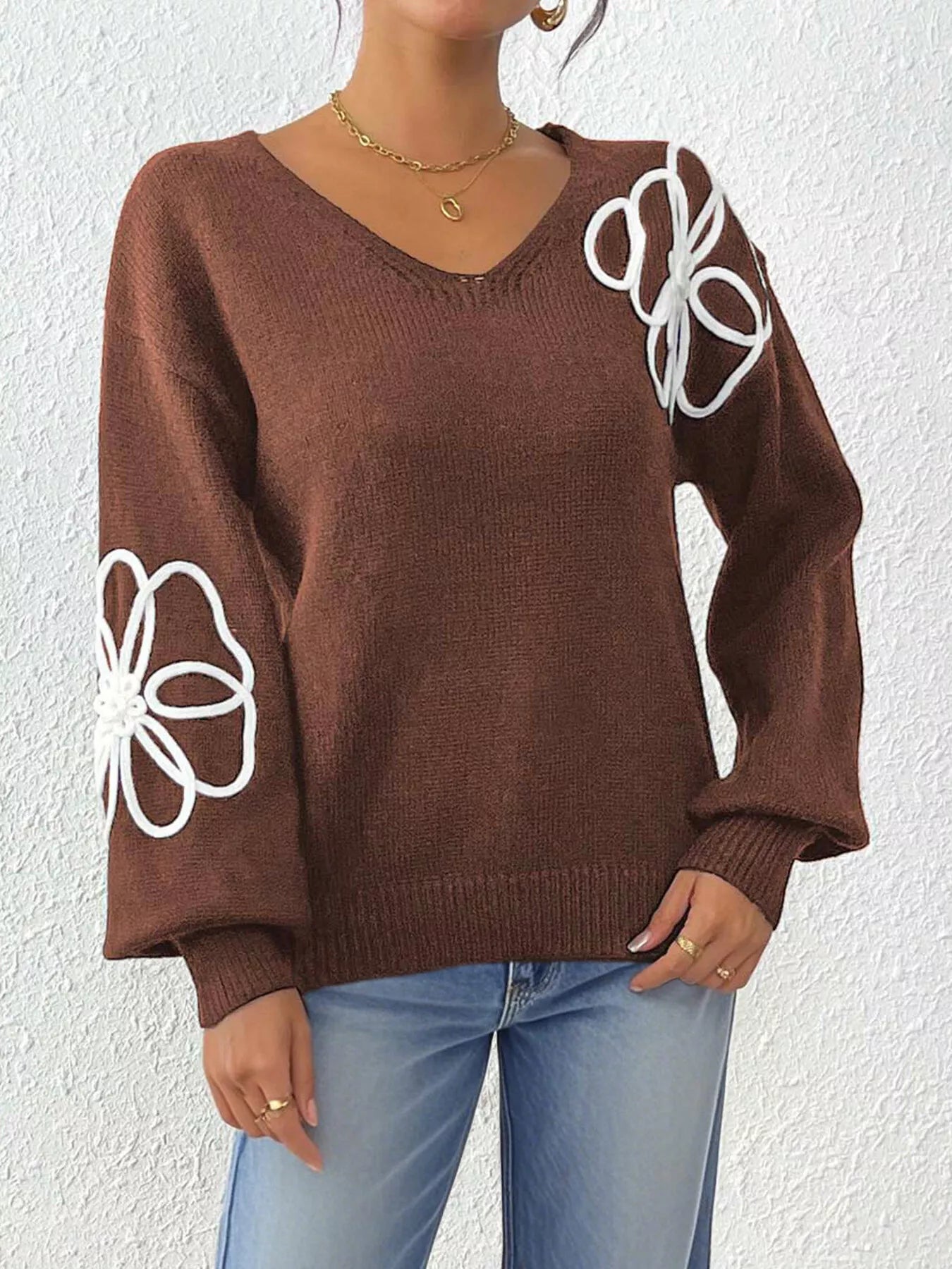 Flower V-neck dropped-shoulder sweater