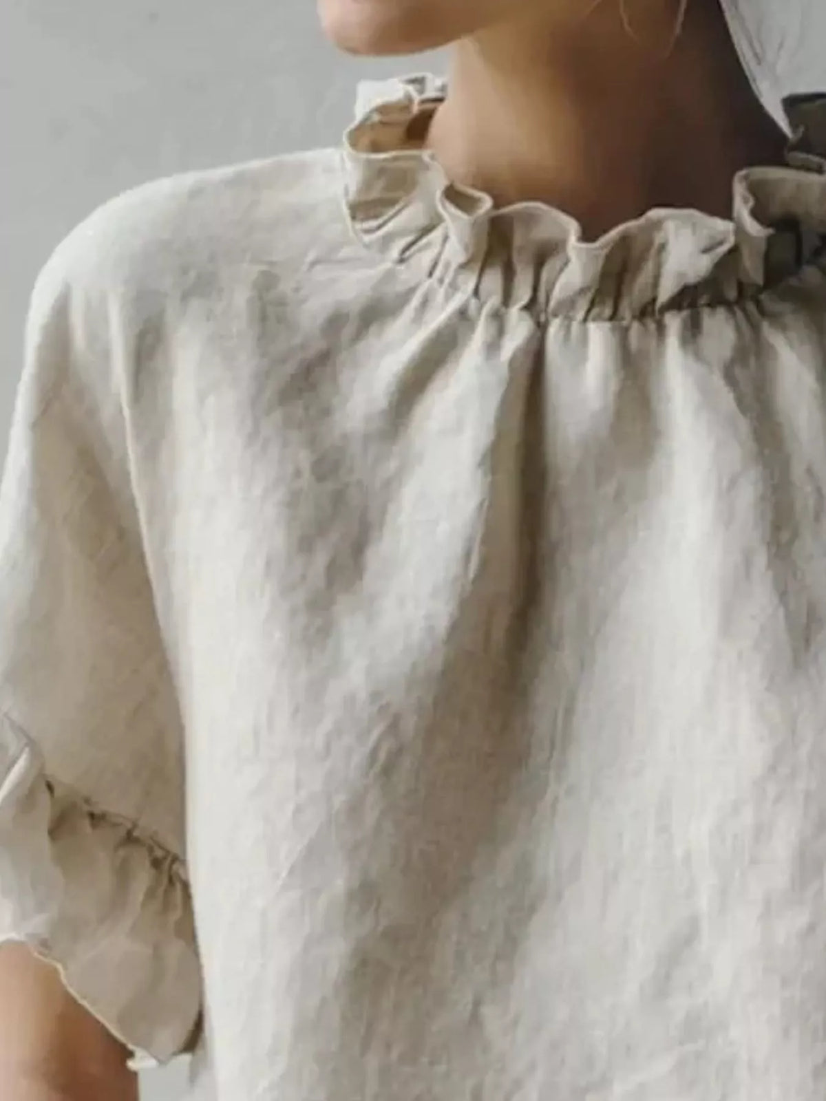 Apricot Color Ruffle-Neck Short Sleeve Blouse, neckline detail