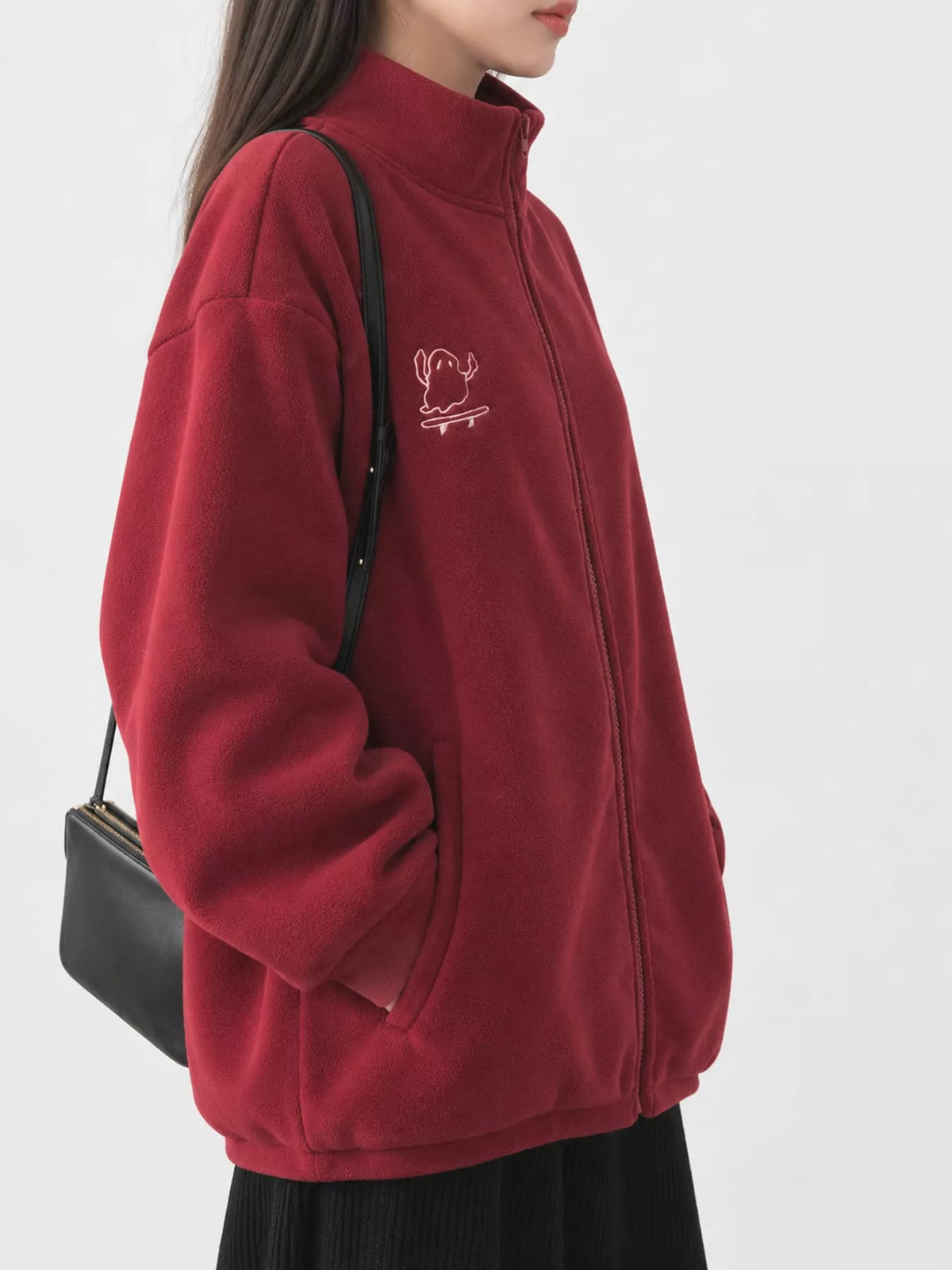 Burgundy fleece stand-collar zip-up jacket