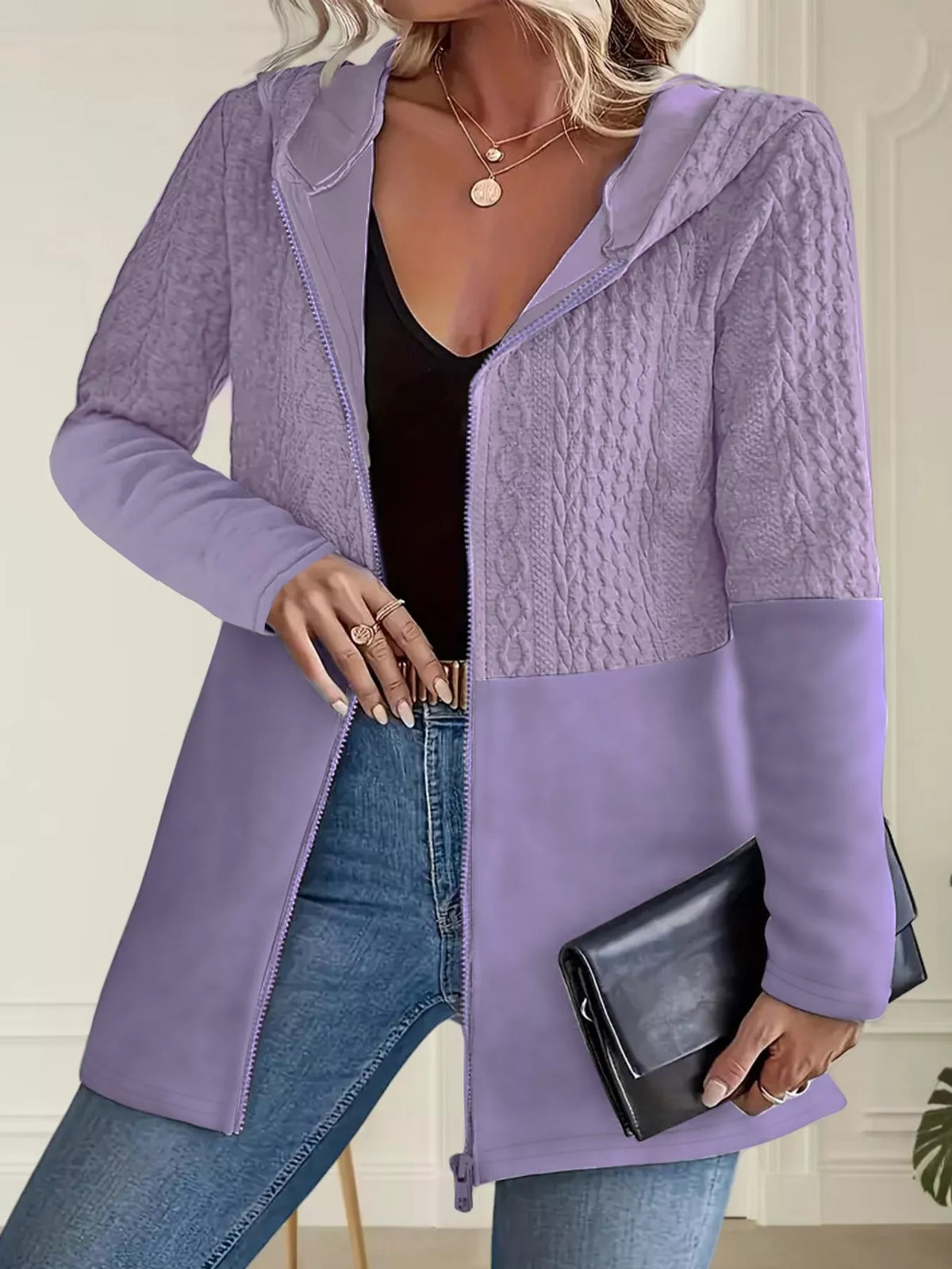 Textured hooded jacket, purple front