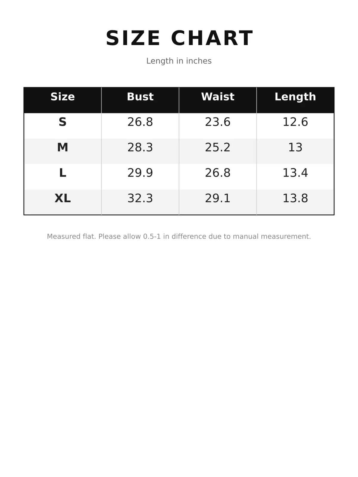 strapless top, size and measurement chart