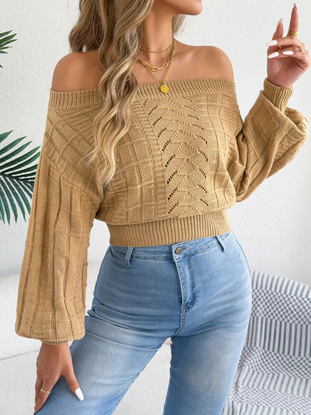 Khaki off-shoulder openwork cropped sweater