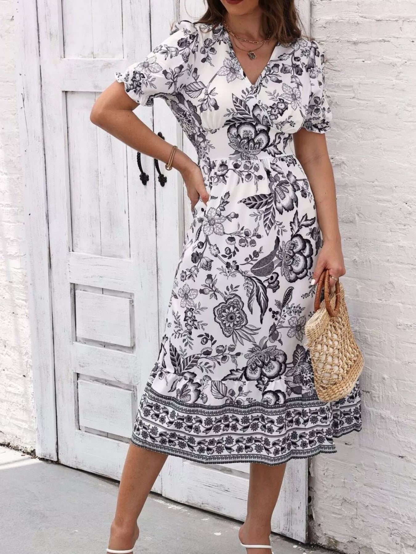 Trendsi Floral Print Puff Sleeve Wrap Midi Dress -