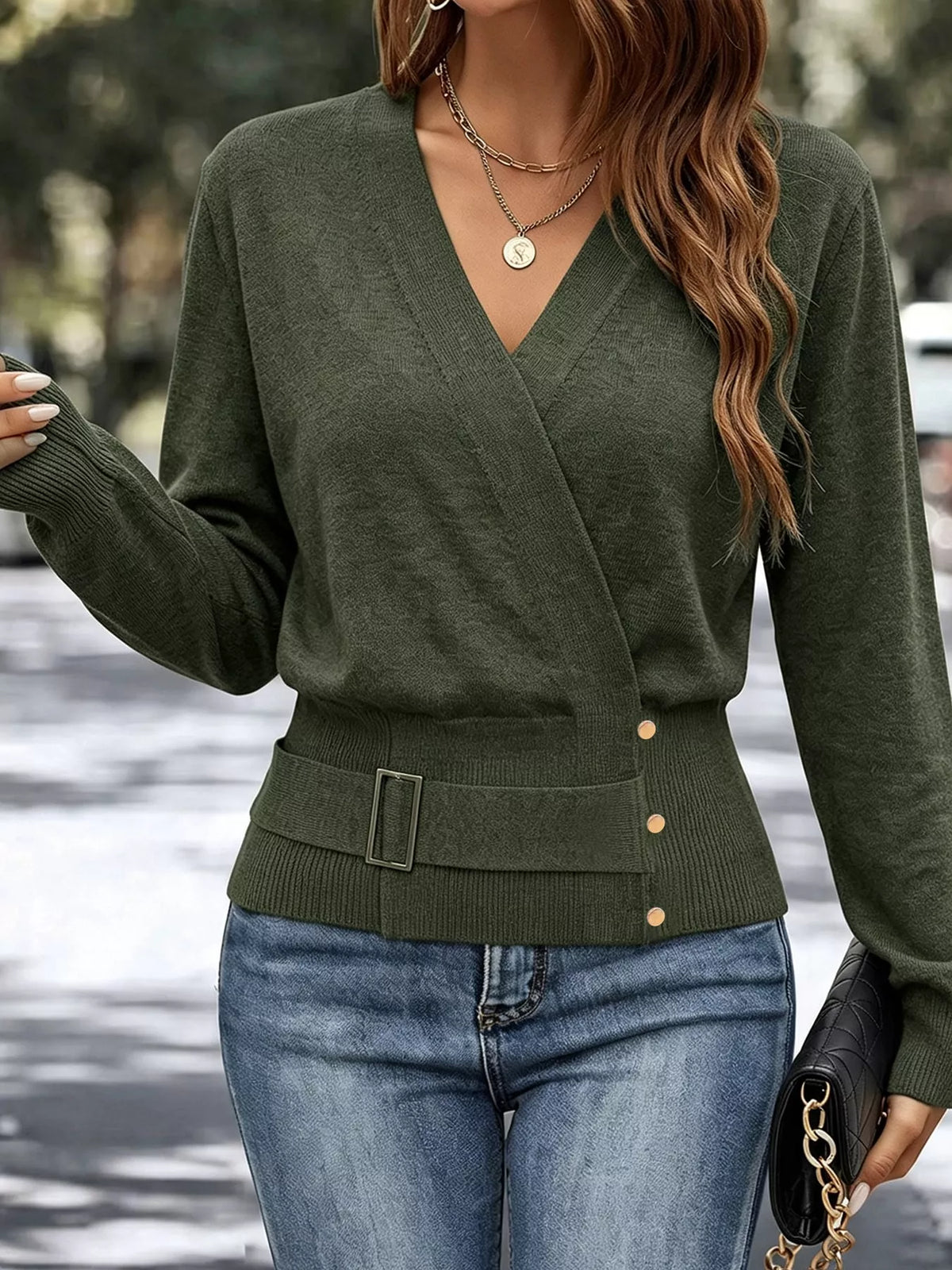 Surplice knit top, olive front