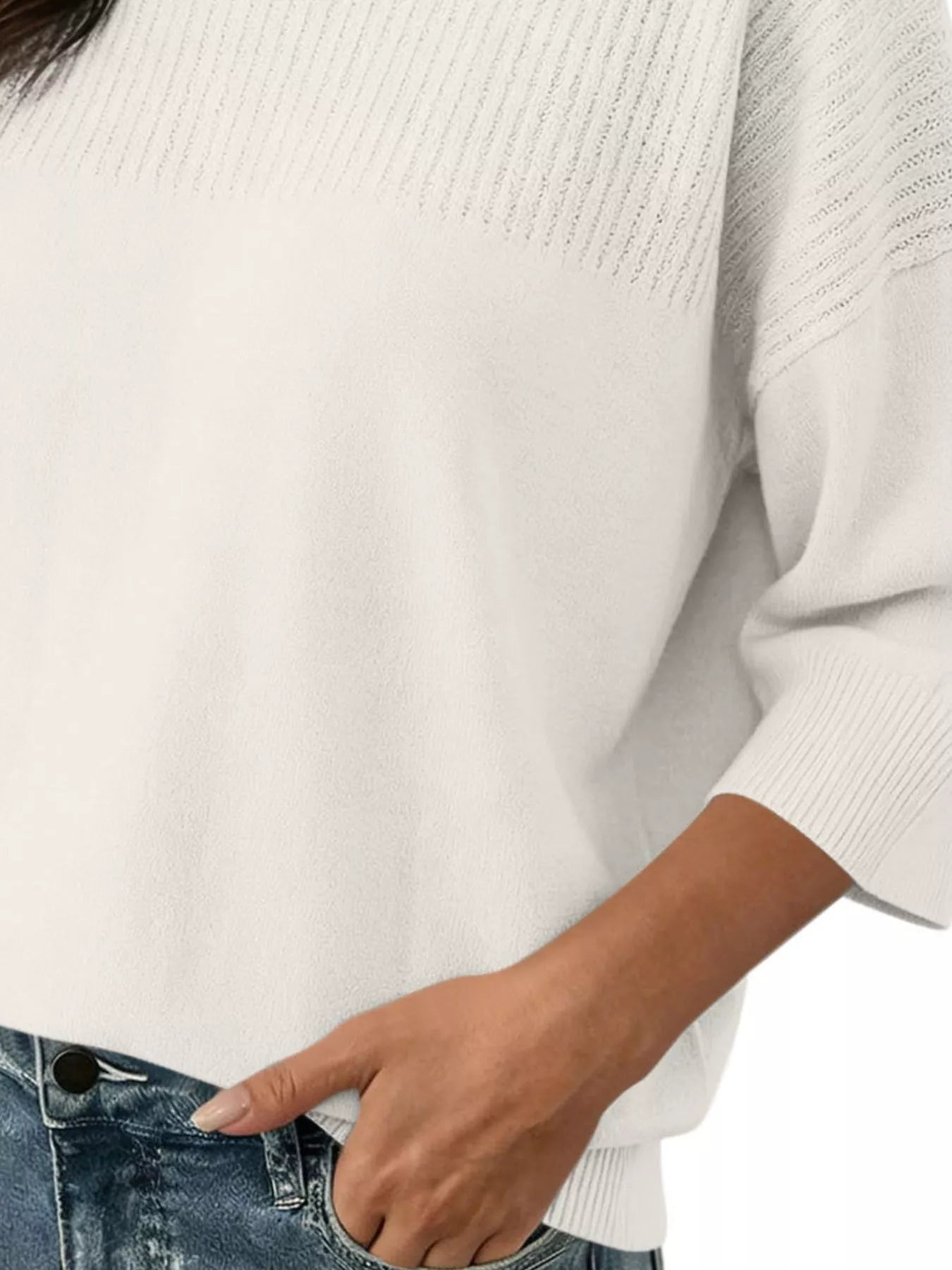 Trendsi Elegant Crew Neck Eyelet Ribbed Sweater -