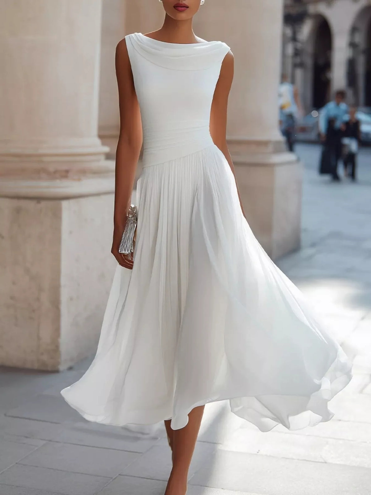 White sleeveless boat neck midi dress — front view