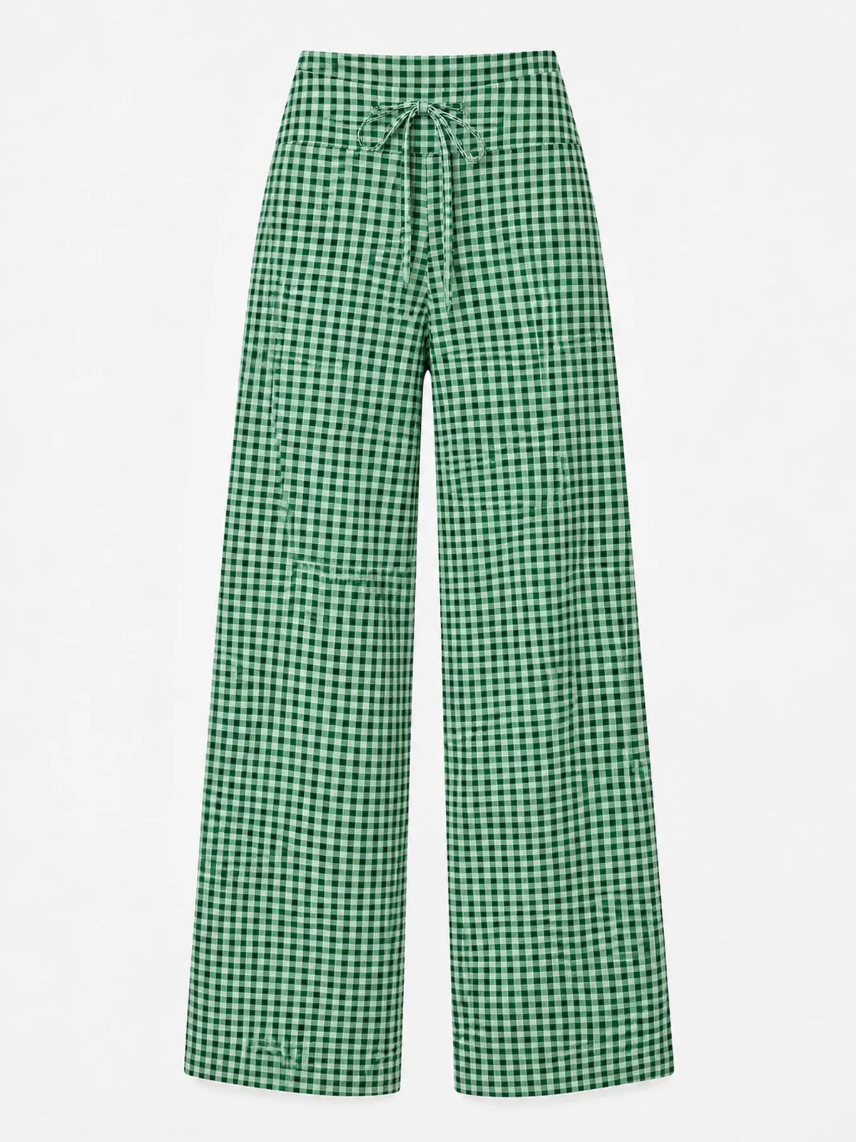 Green gingham drawstring wide-leg pants — front view