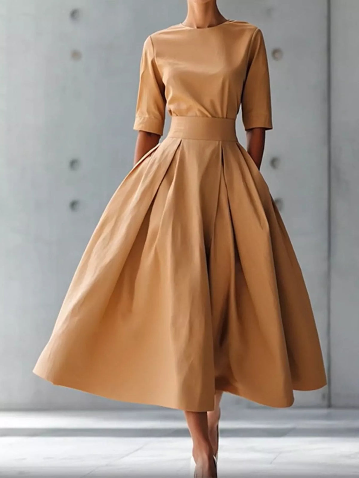 Round neck short sleeve midi dress, front view on model
