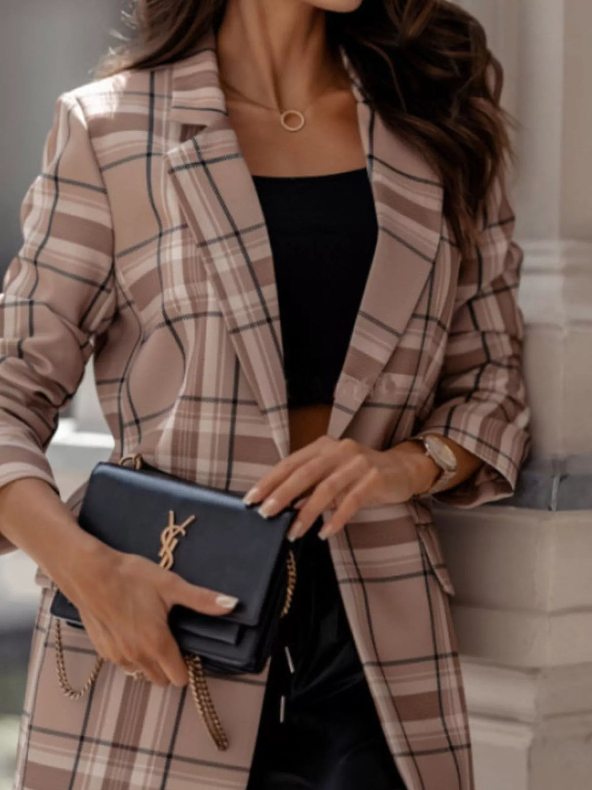 Camel plaid lapel collar blazer