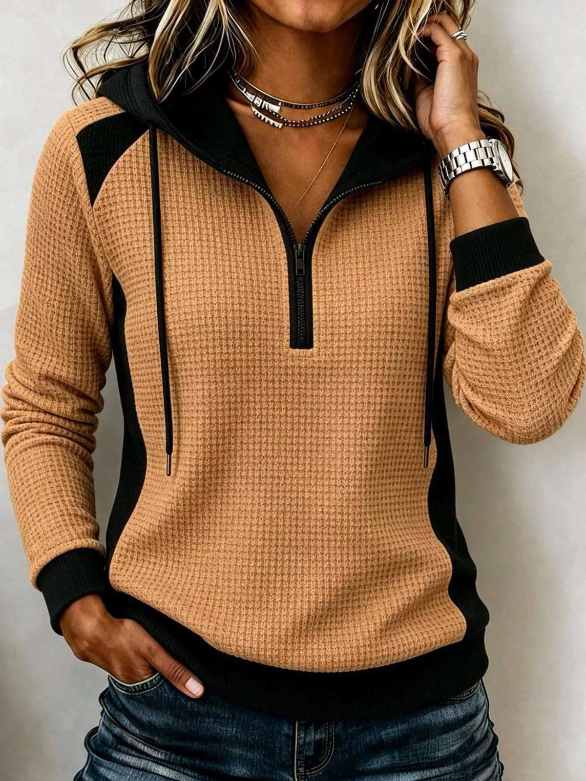 Color-Block Waffle Knit Quarter-Zip Hoodie — front view