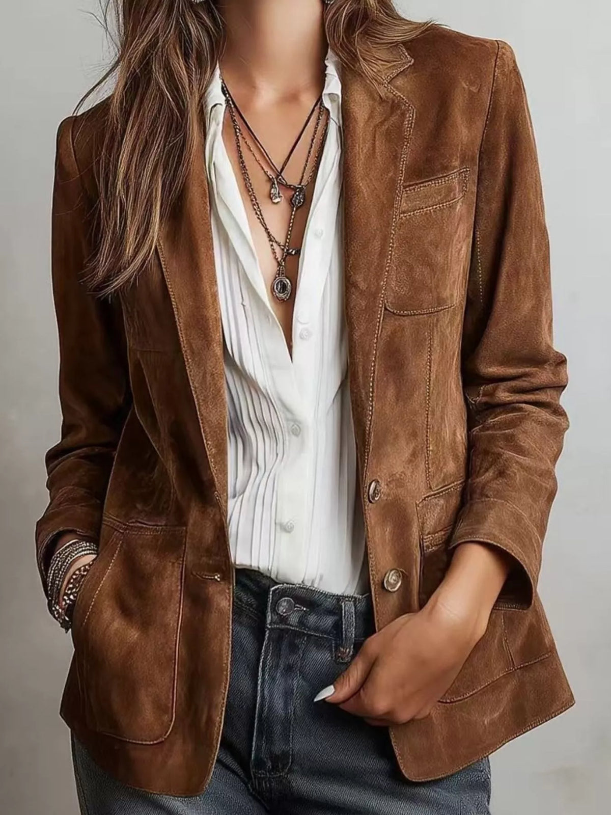 Brown button-up blazer with patch pockets