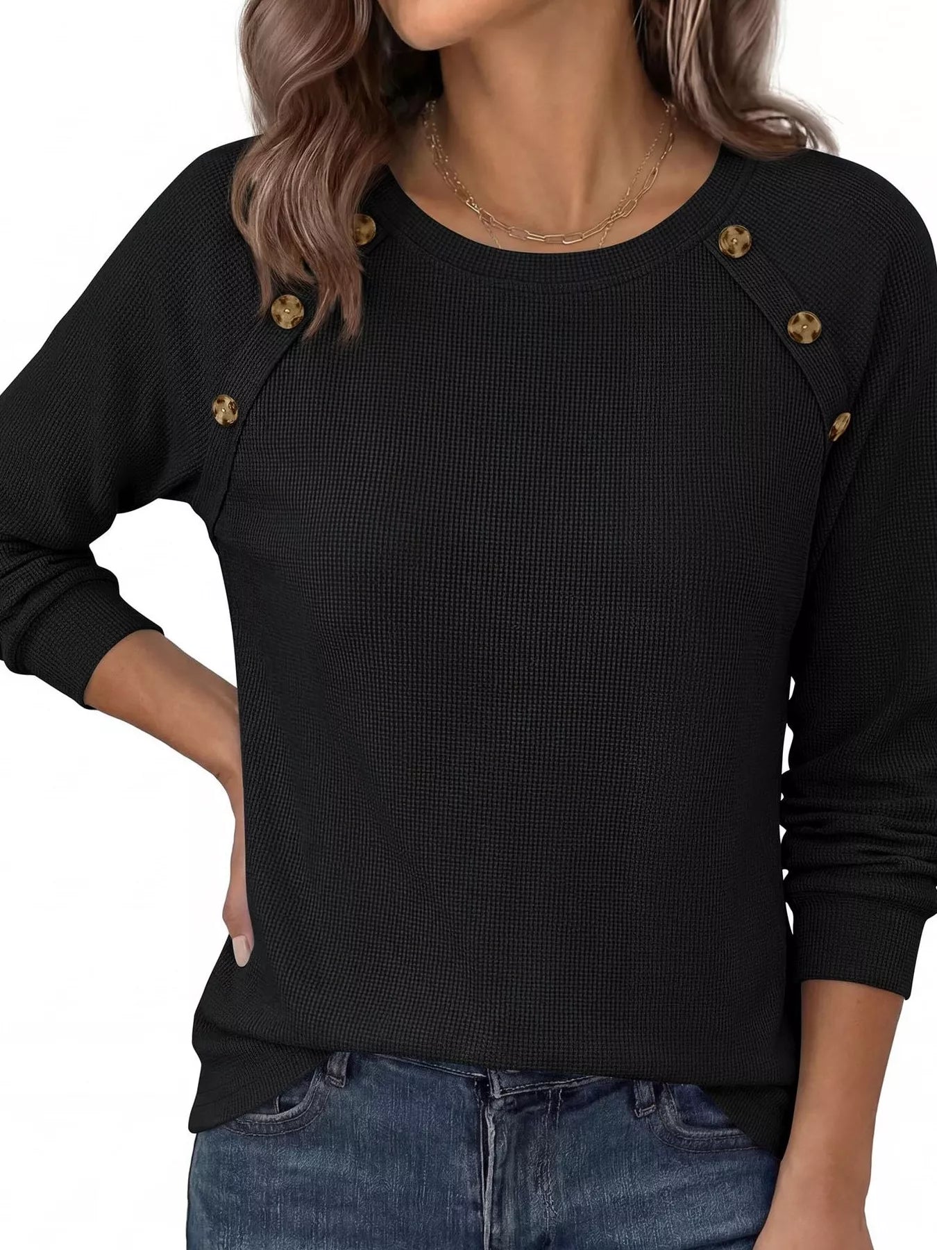 Trendsi Decorative Button Waffle Knit Long Sleeve T-Shirt -