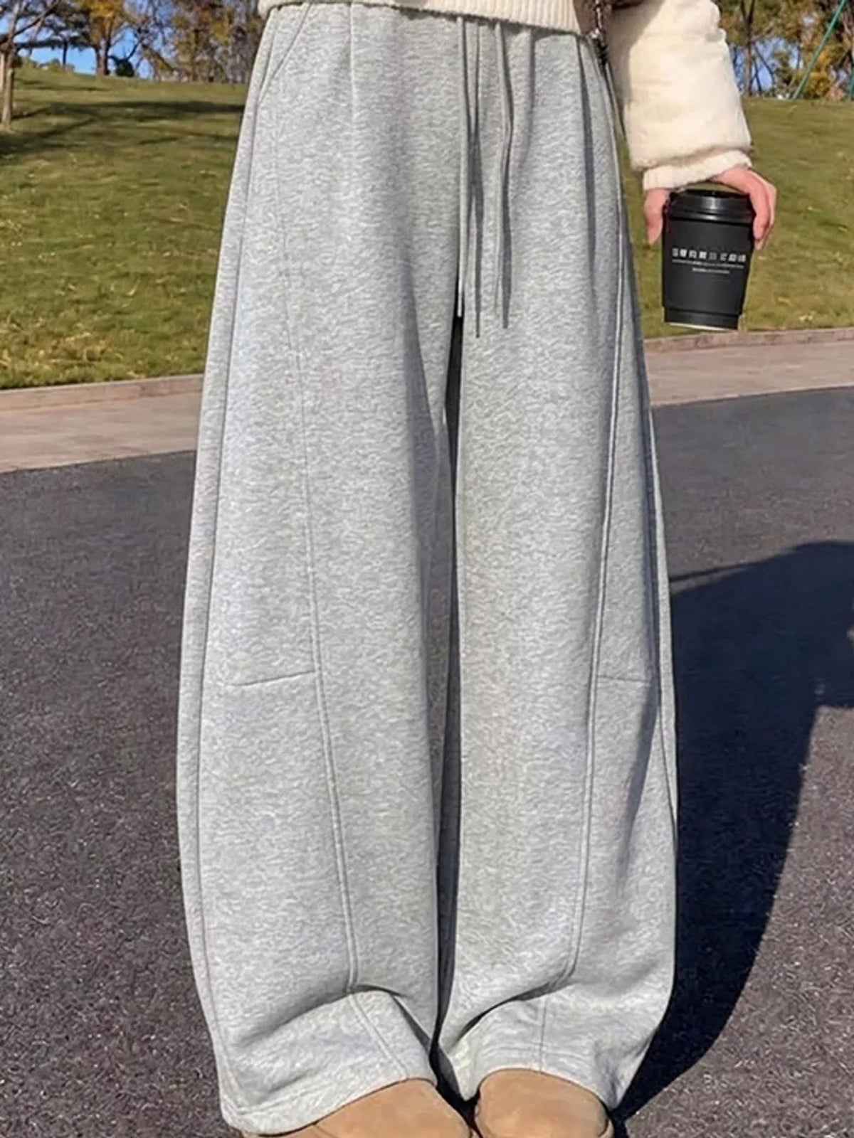 Gray wide leg drawstring sweatpants, front view