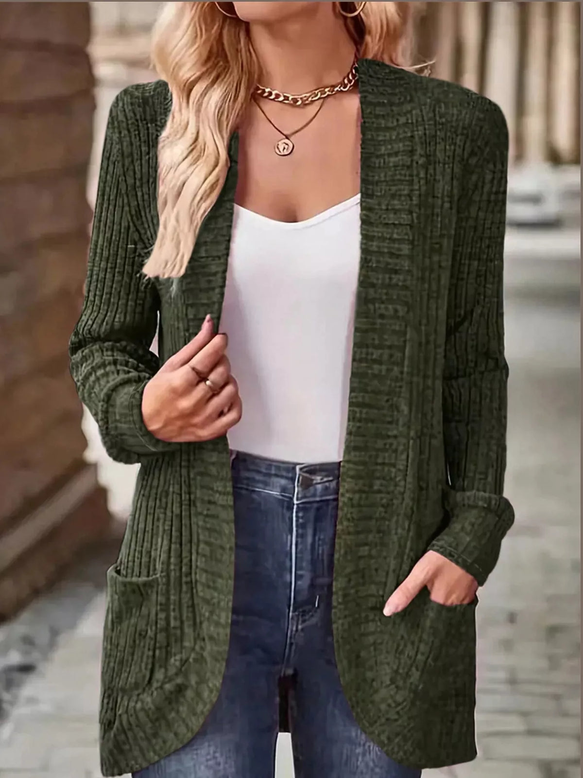 Ribbed Knit Open Front Cardigan with Pockets — front view