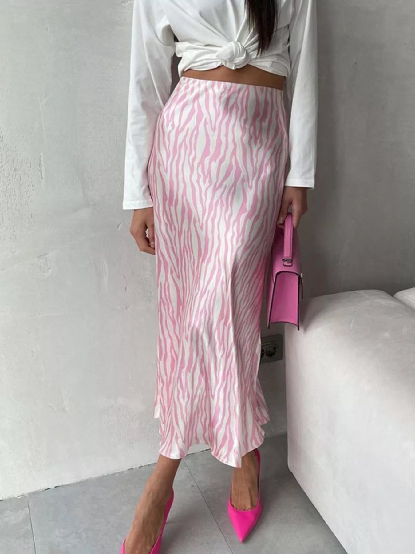 Trendsi Satin Zebra Print Midi Skirt -