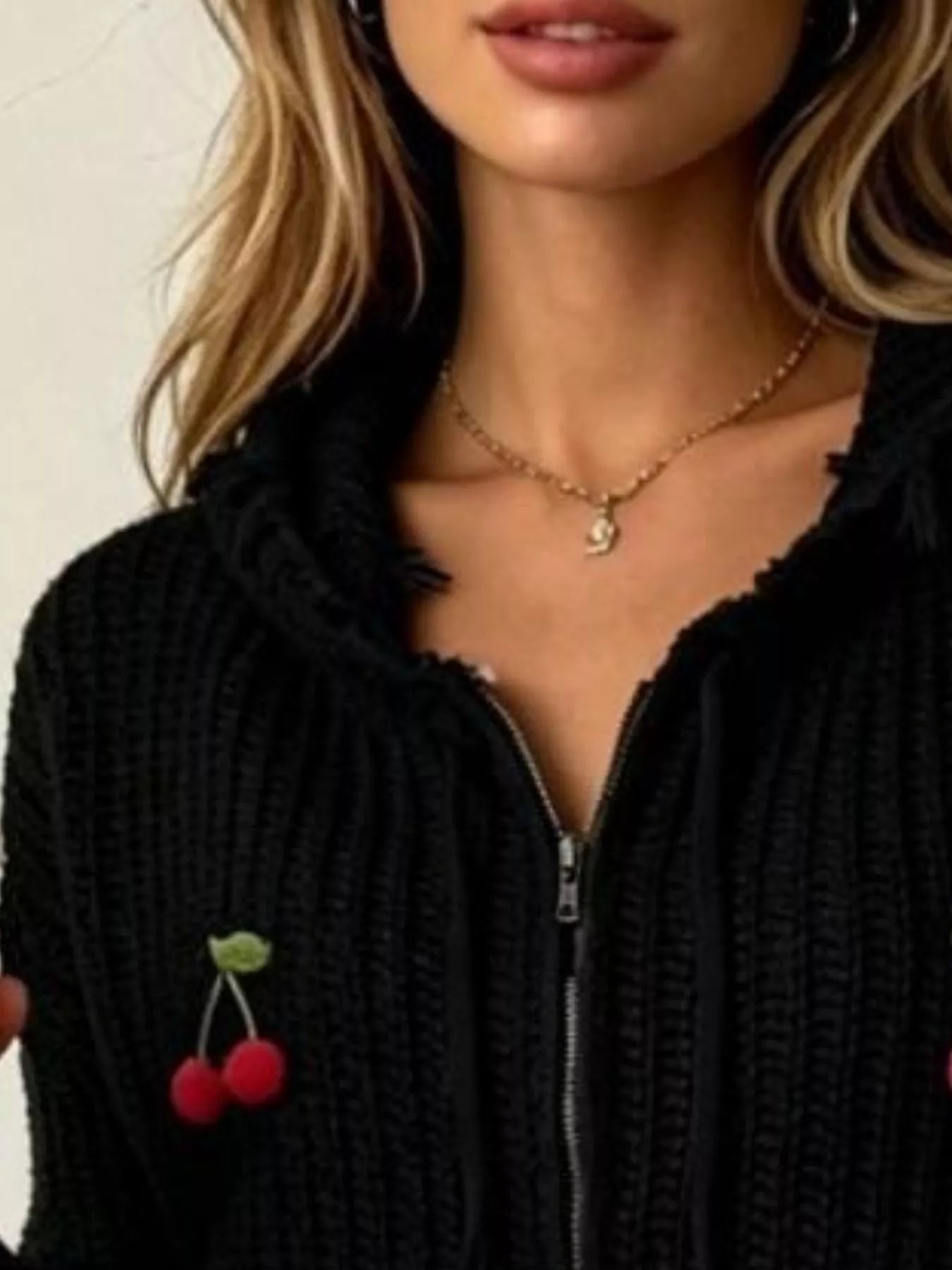 Trendsi Cherry Knit Zip-Up Hooded Sweater -
