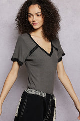 Trendsi POL Lace Detail V-Neck Short Sleeve Textured T-Shirt -