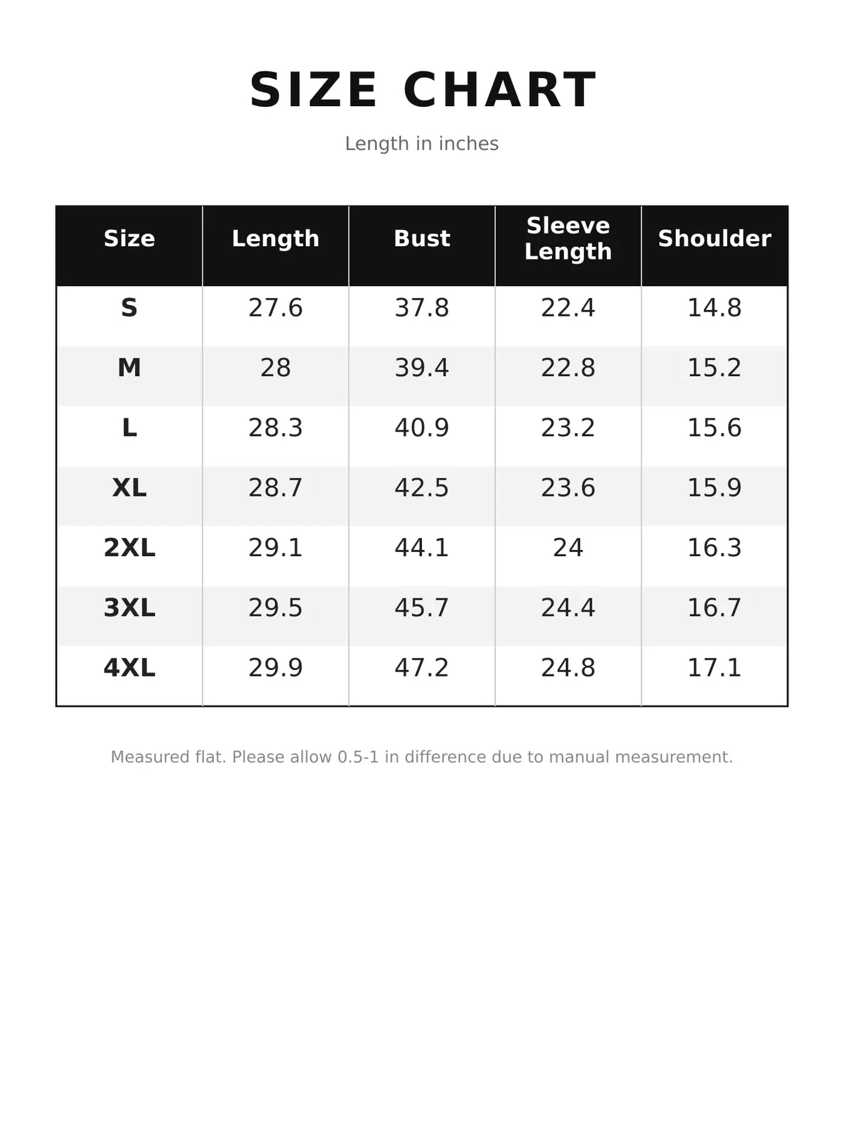 Hooded long sleeve jacket, size and measurement chart