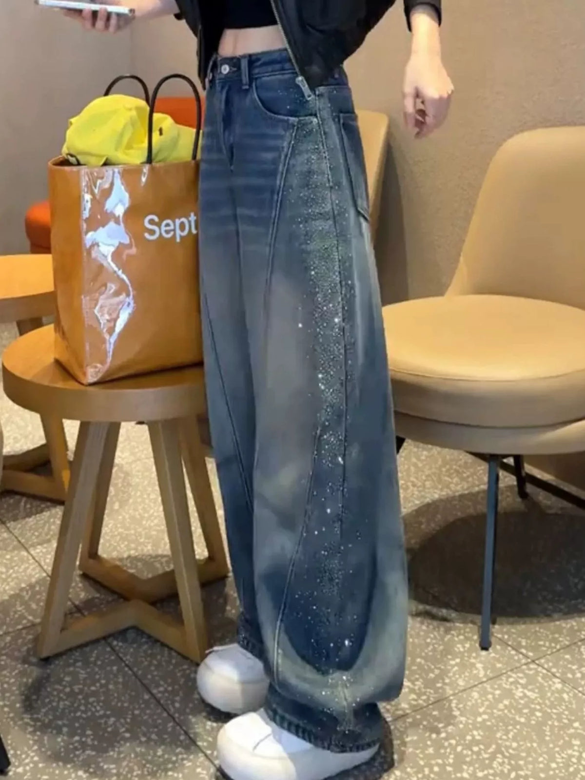 Rhinestone Embellished Wide-Leg Jeans in blue