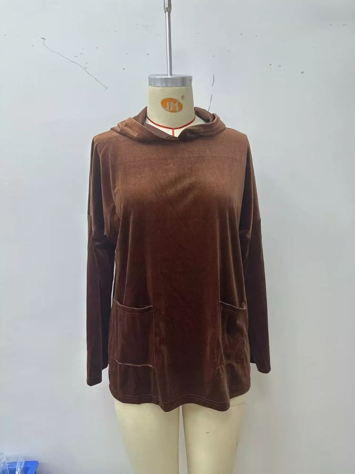 Women's Velvet Front Pockets Hoodie in Coffee Brown, alternate view