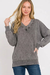 Trendsi Zenana Washed Deep V-neck Oversized Sweater - Shirts