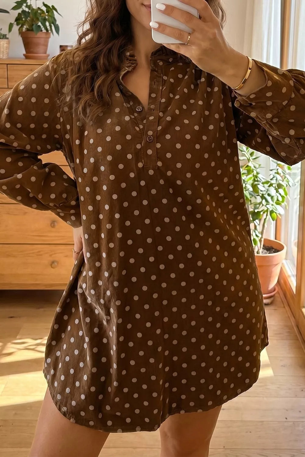 Trendsi Polka Dot V Neck Long Sleeve Button Shift Dress -