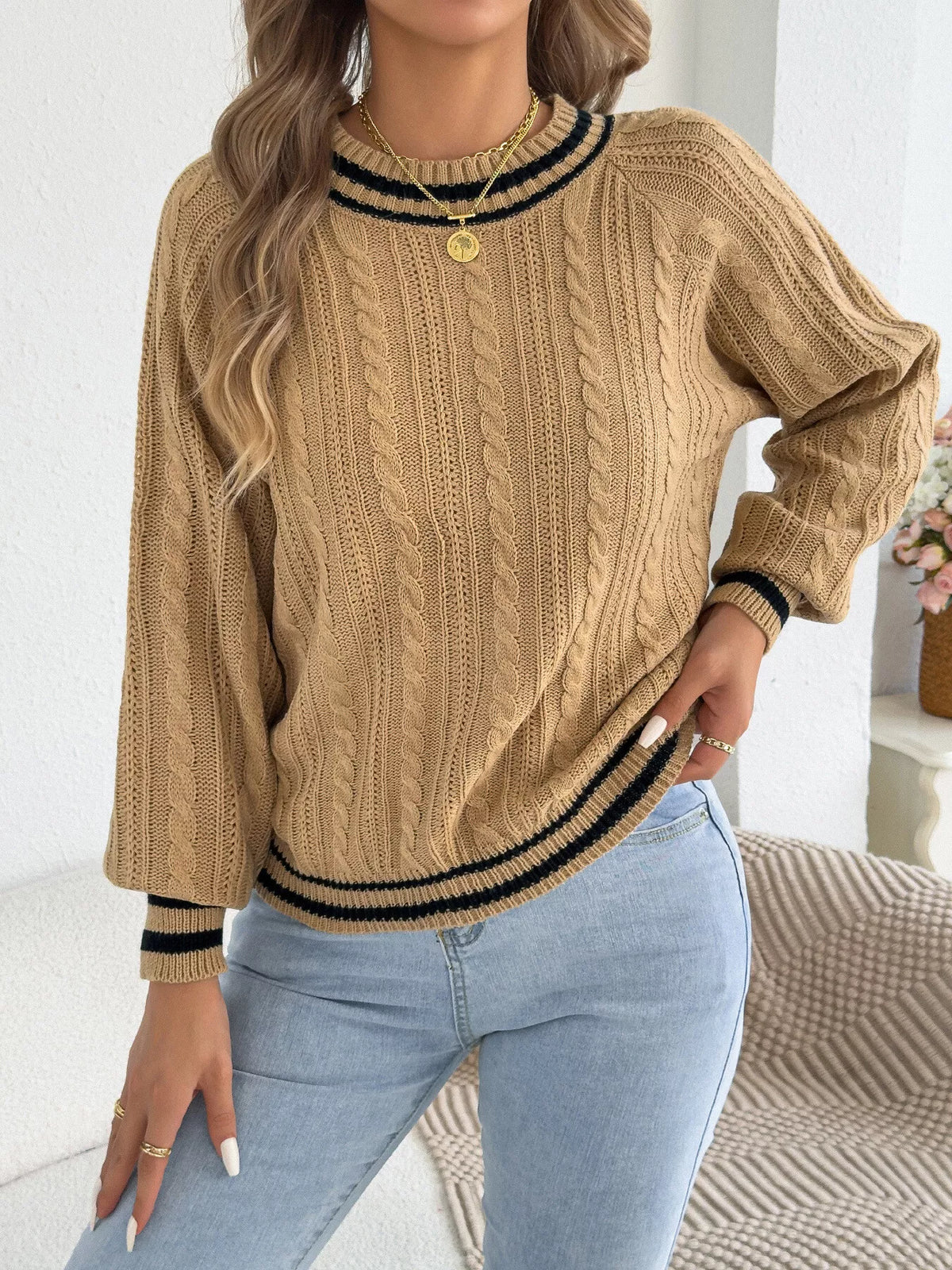Burgundy striped trim cable knit sweater