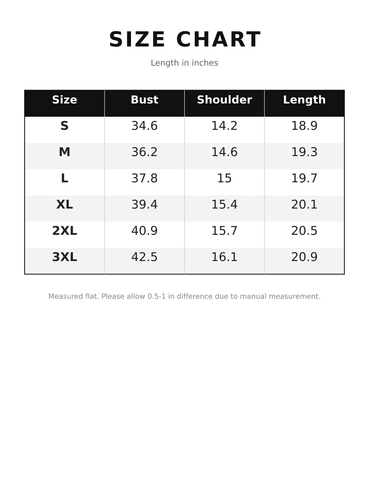 Size and measurement chart for sleeveless vest