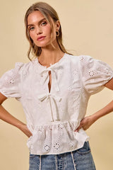 Trendsi SO ME Cotton Eyelet Front Tie Short Sleeves Blouse -