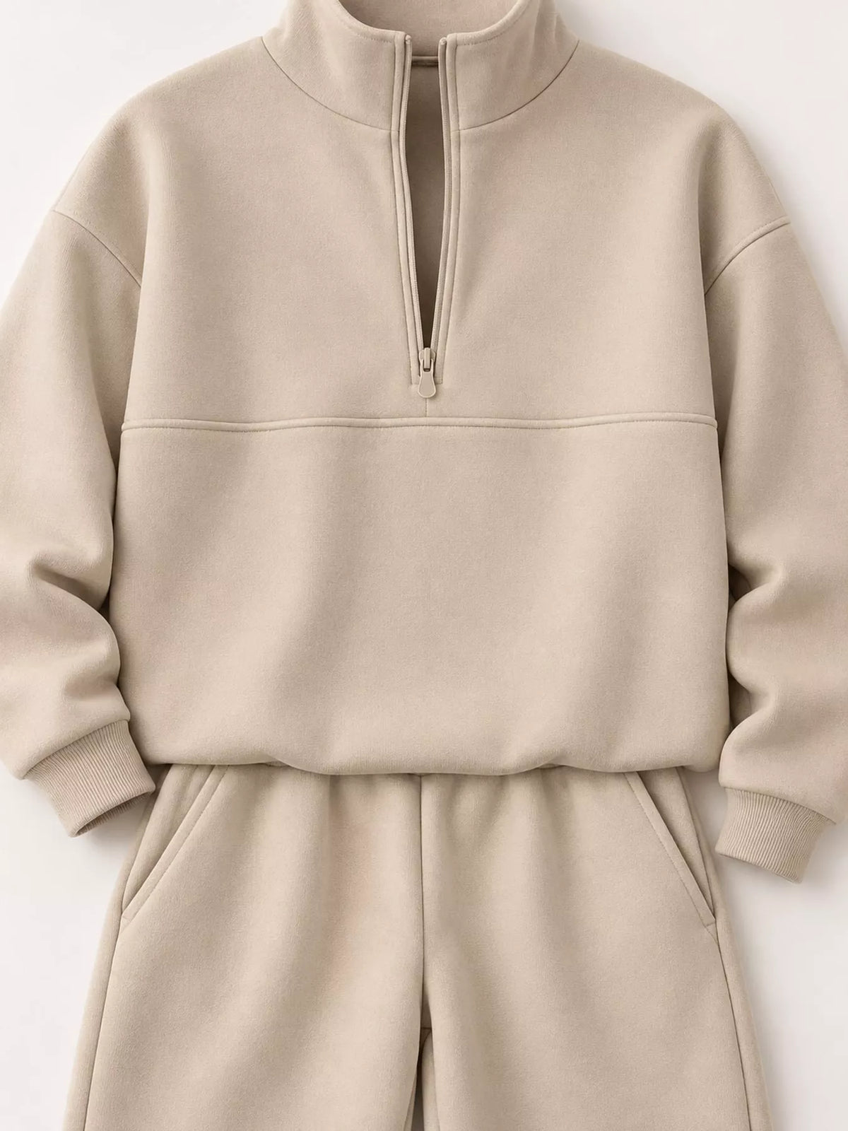 Half-zip top and pants set, beige zip-neck and waist detail
