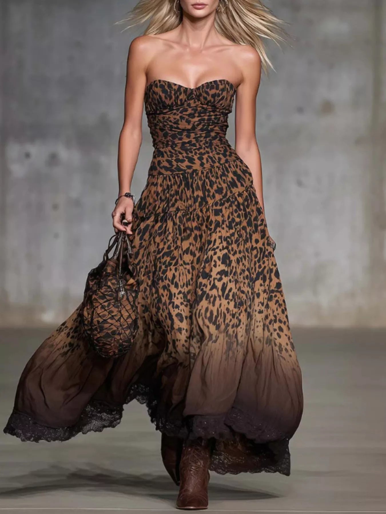 Women's strapless leopard print maxi dress