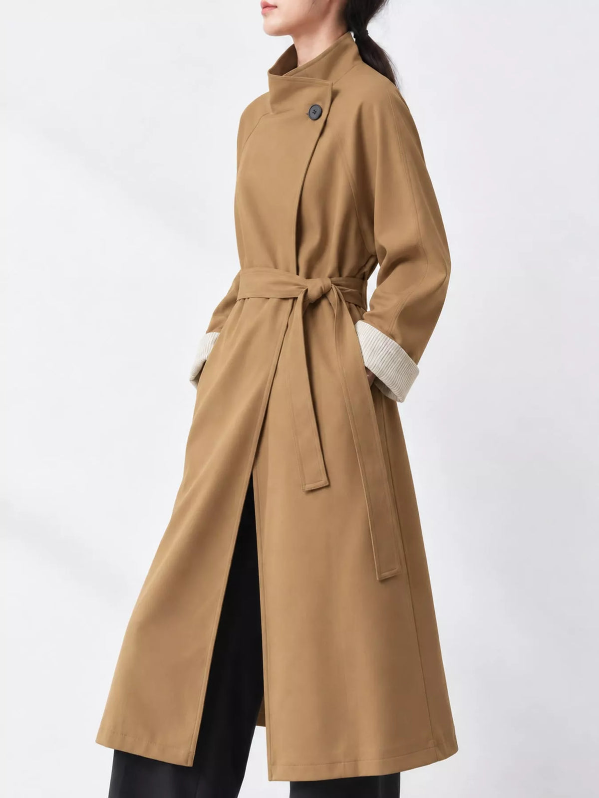 Asymmetric Button Longline Trench Coat in camel