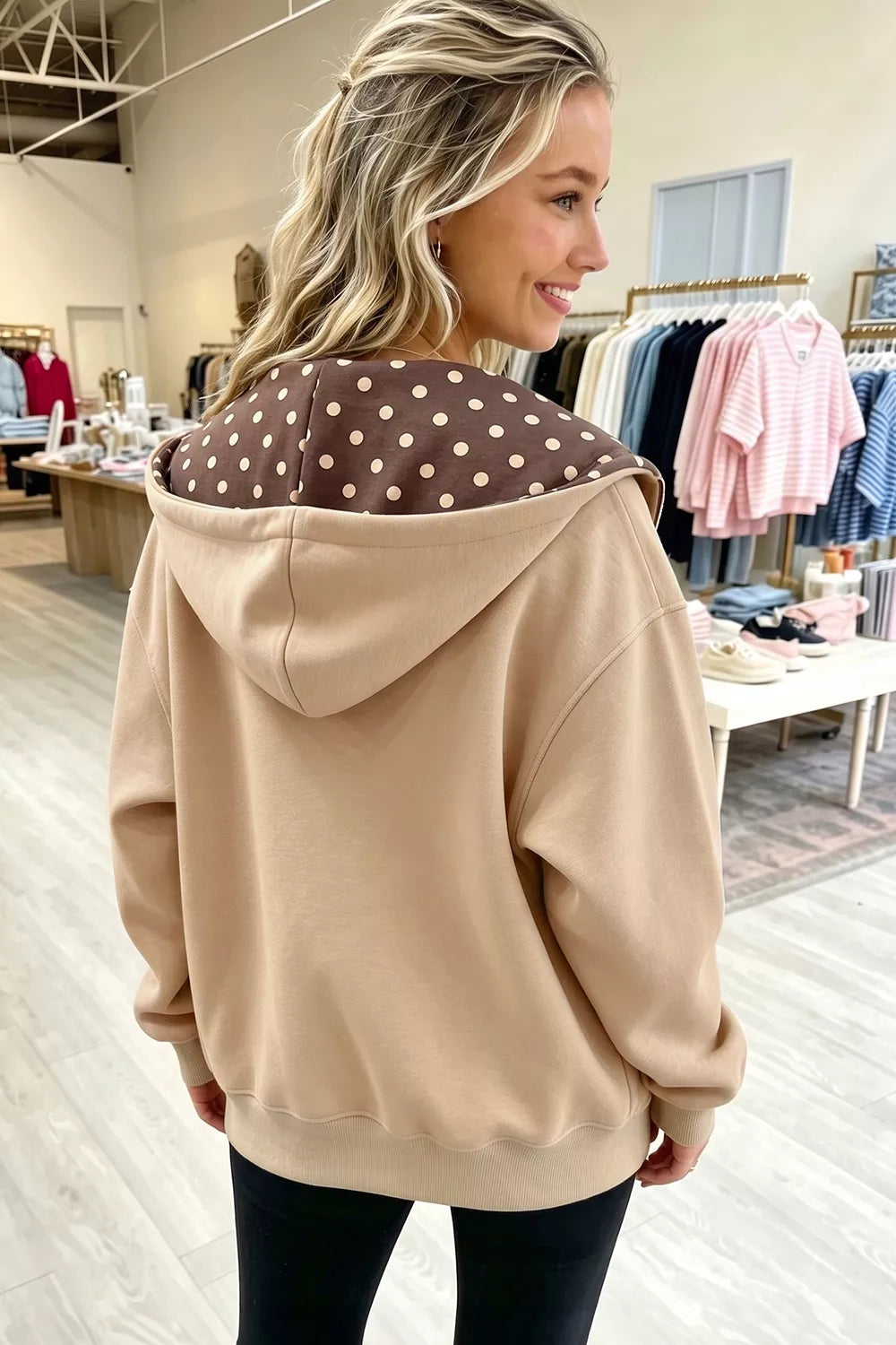 Polka Dot Zip-Up Hoodie in beige, back view