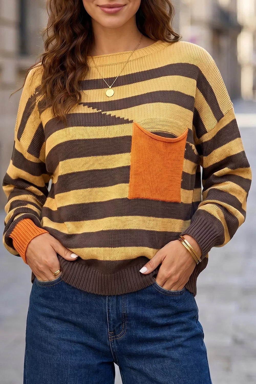 Trendsi Stripe Striped Drop Shoulder Colorblock Pullover Sweater -