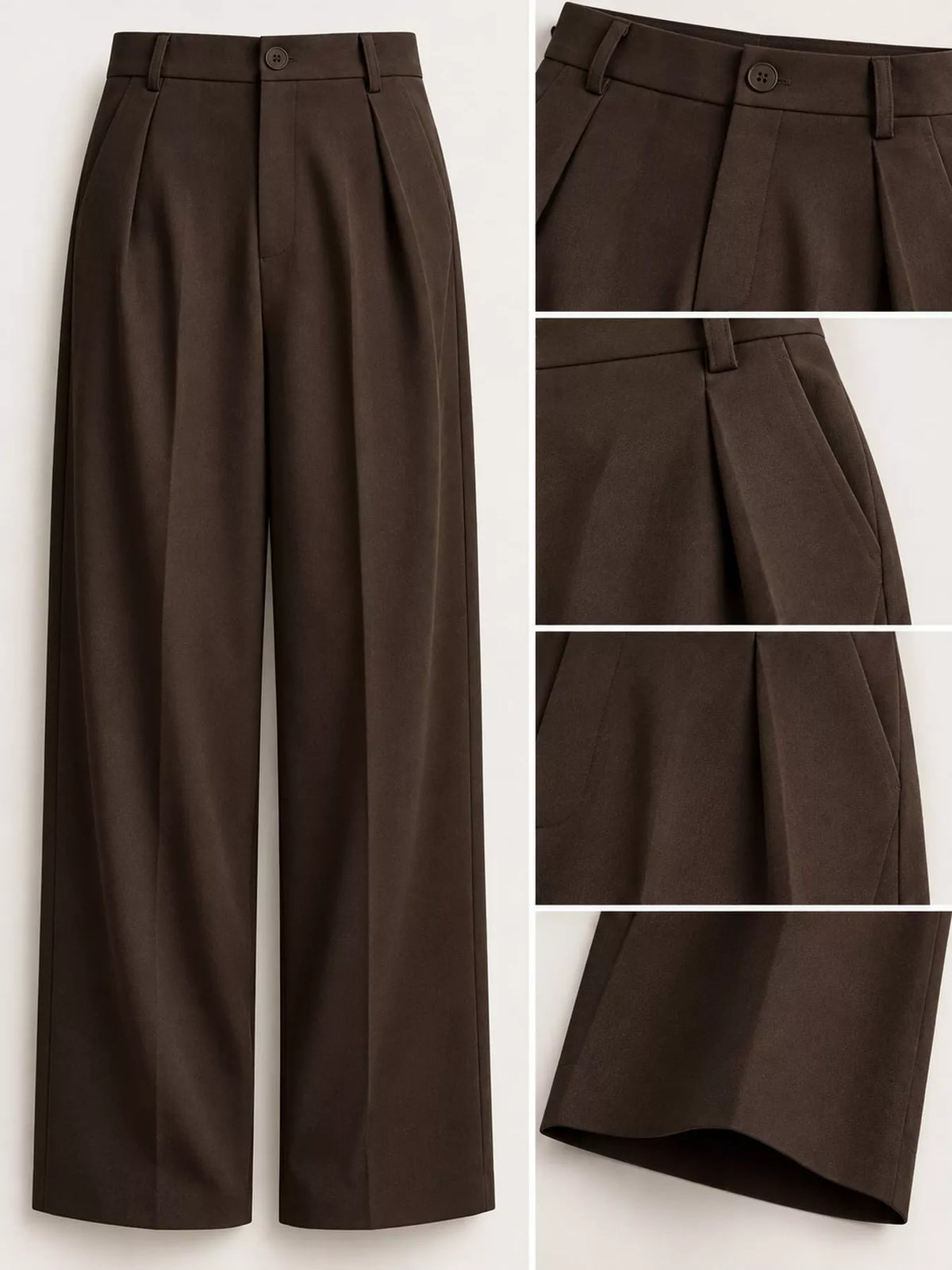 Women's Pleated Wide-Leg Trousers in brown — detail collage view