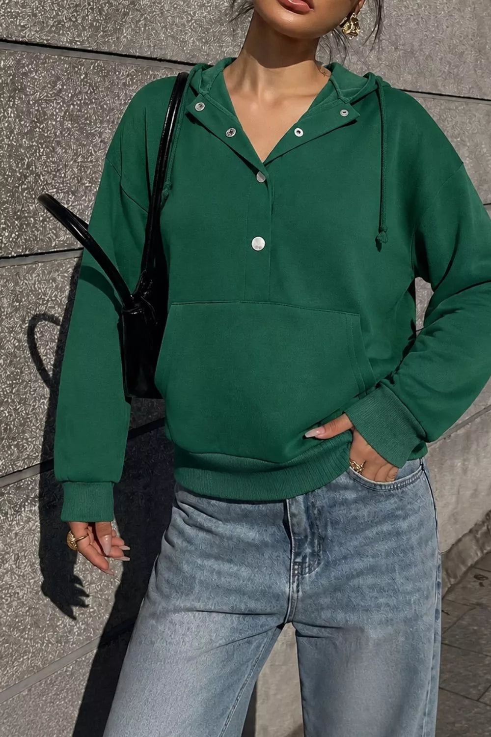 Women's Half Snap Kangaroo Pocket Hoodie in Dark Green, front view