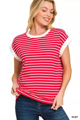 Trendsi Zenana Full Size Contrast Trim Cap Sleeve Stripe Tee Plus Size -