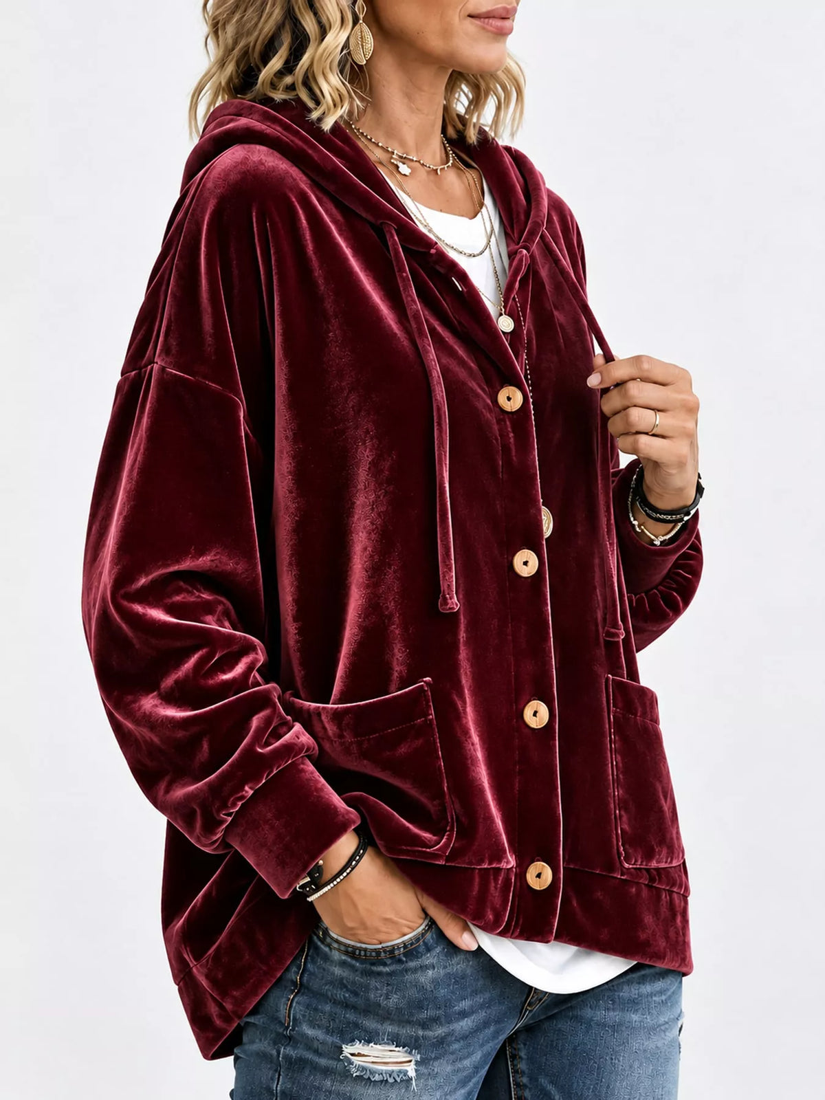 Burgundy velvet dropped shoulder hoodie, side view