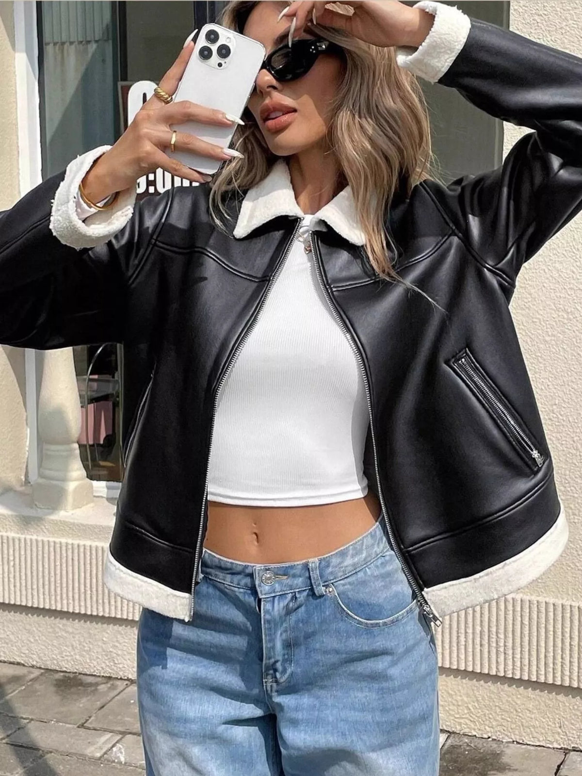 Faux Leather Shearling Trim Zip-Up Jacket — front view