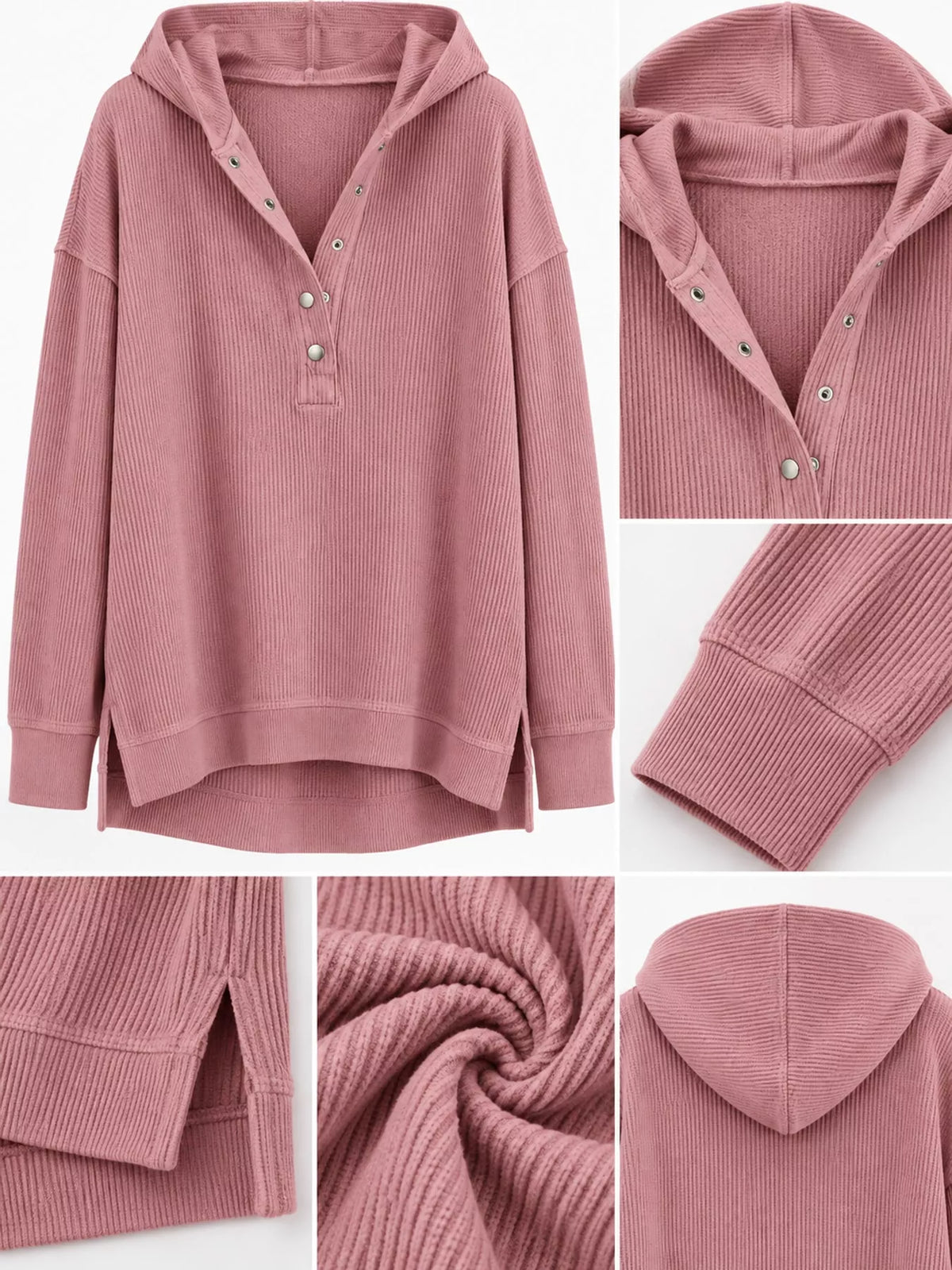 Women's Snap Button Placket Dropped Shoulder Hoodie in pink — detail collage view